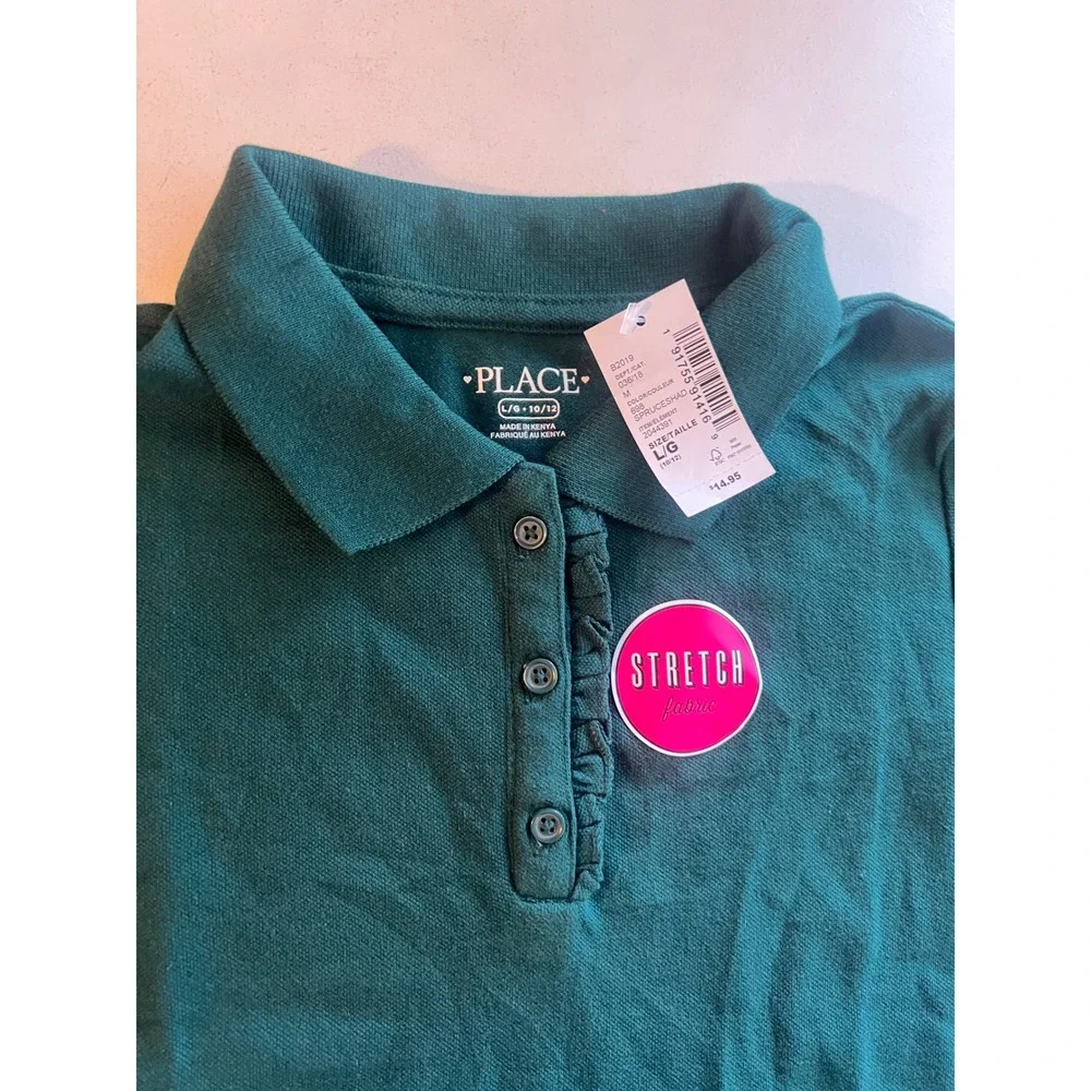 The Childrens Place Girls 2 Pack Ruffle Polo Shirts Wht Grn Size L Uniform NWT